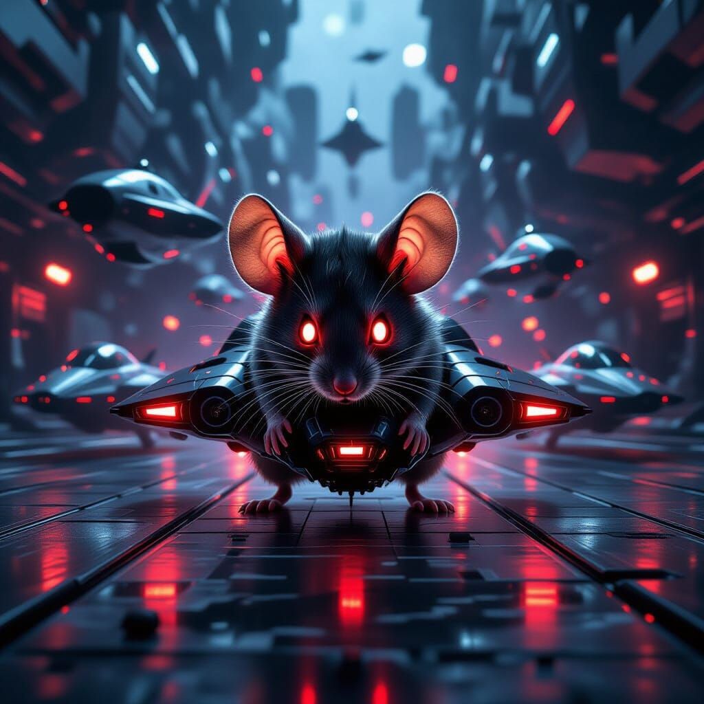 Evil Mouse Central in Chaotic Cyberpunk Spaceship Swarm