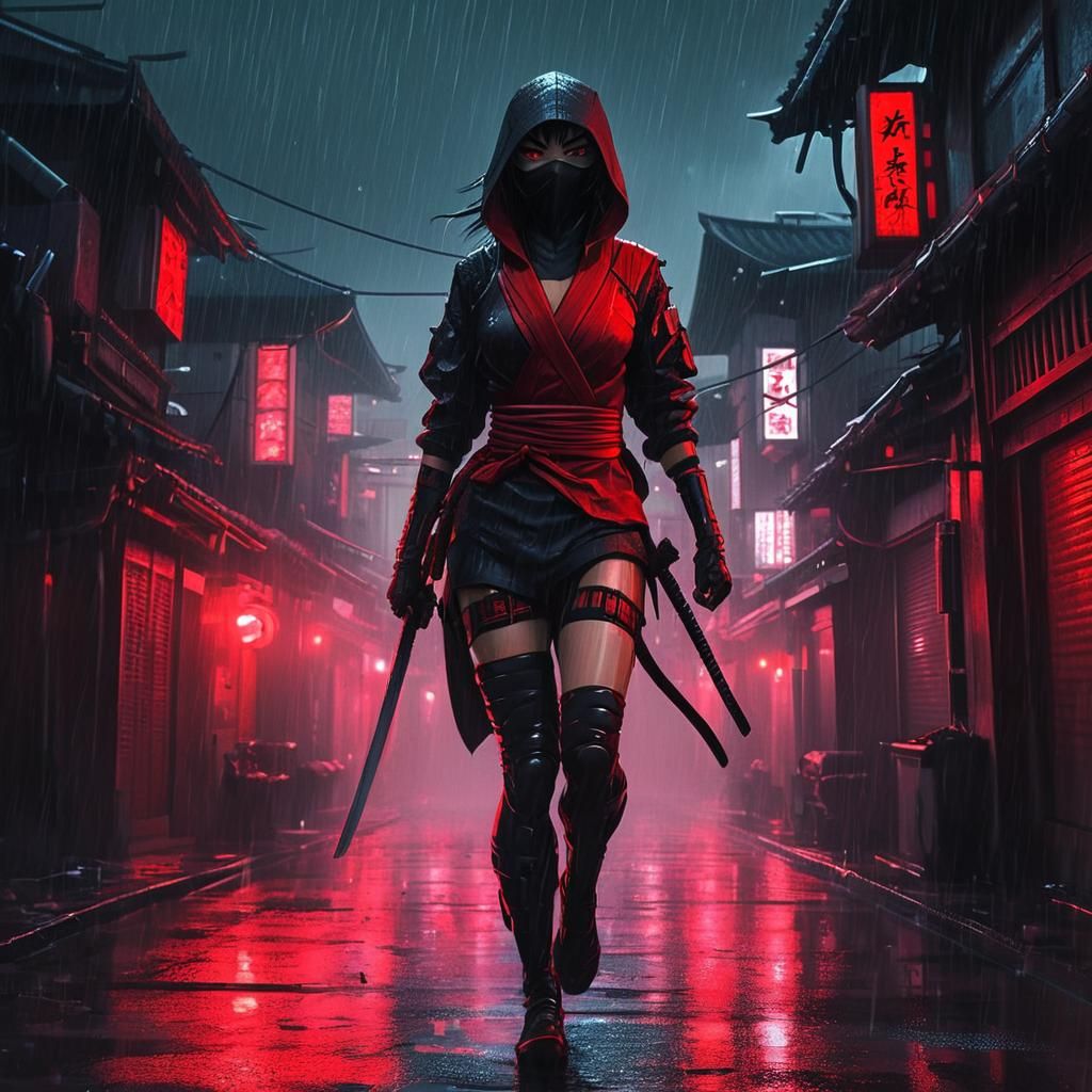 Cyberpunk Ninja Assassin in Rainy Cityscape