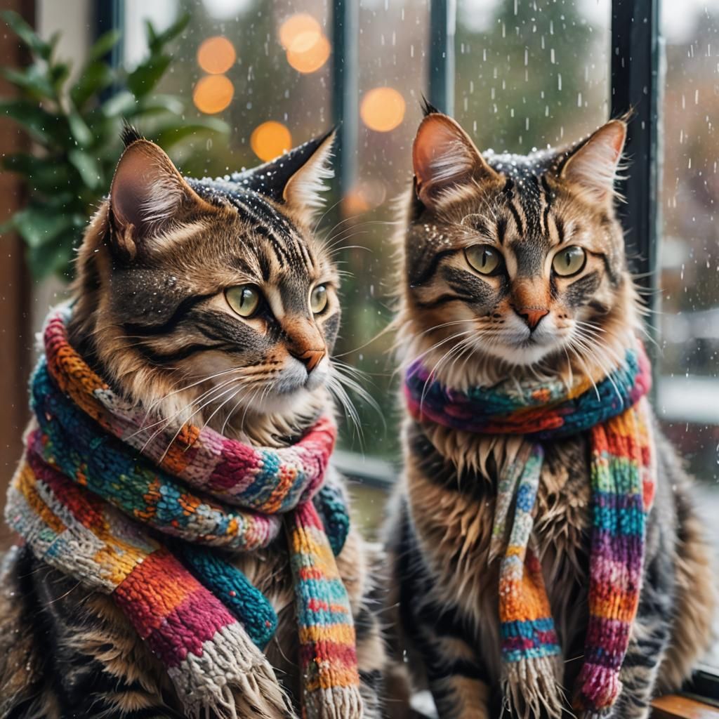 Cats in Scarf: Wildlife Photography on Rainy Day
