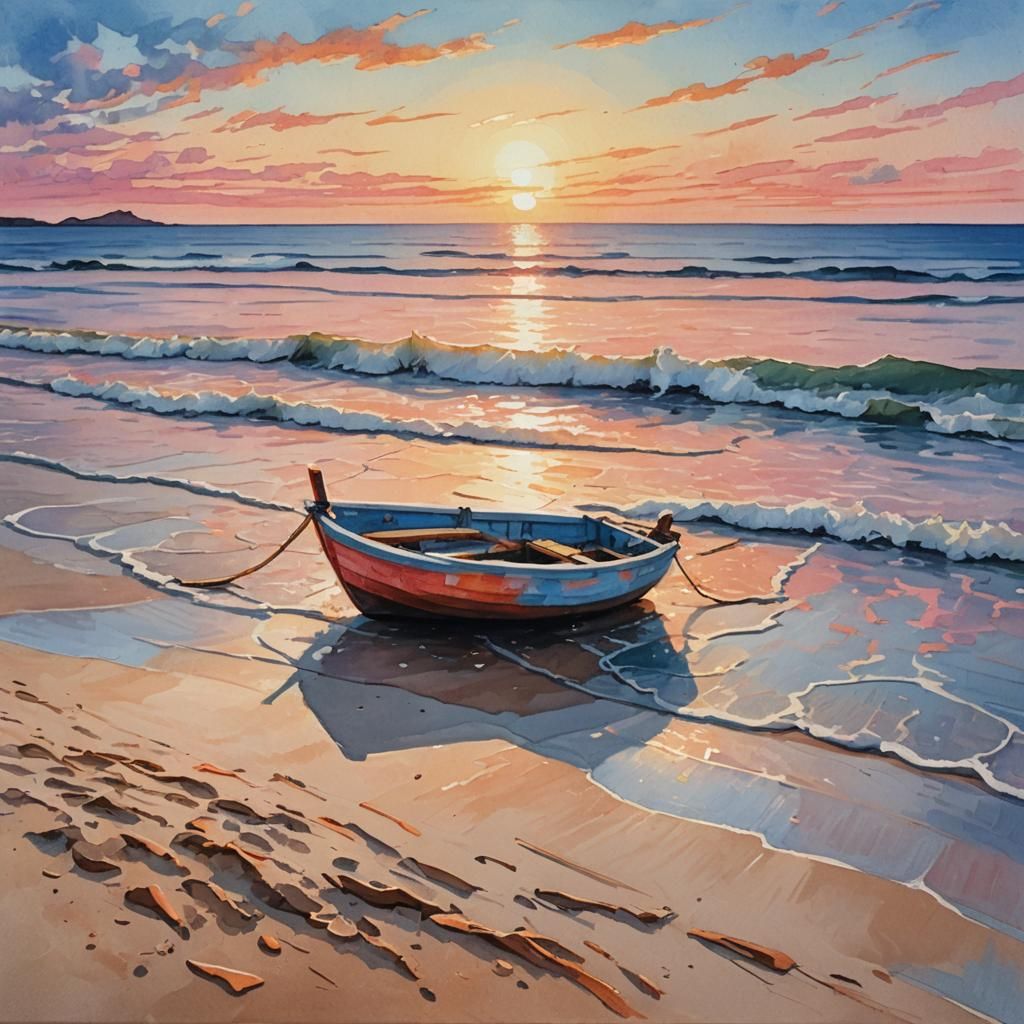 Impasto Cutter at Sunset in Watercolor Gouache Style