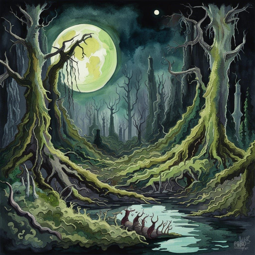 Gothic Horror Vampire in Mossy Forest, Gouache Style