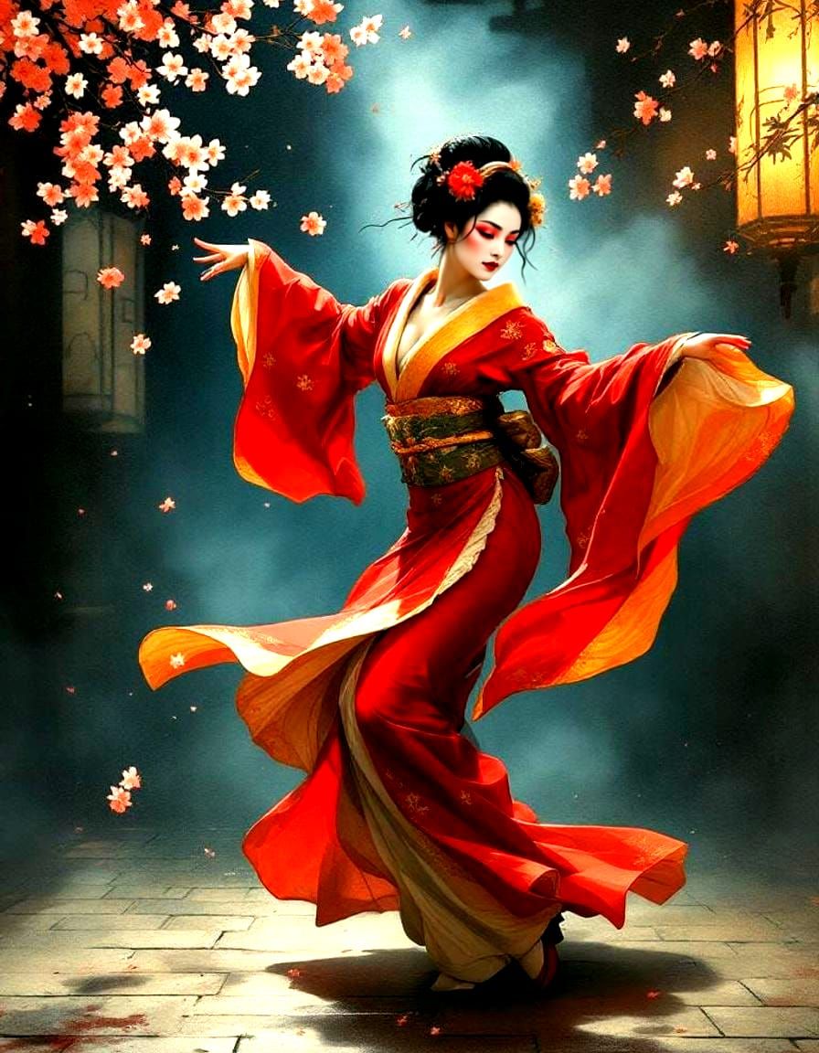 Geisha Dancing in Edo Tavern, in Toulouse-Lautrec Style