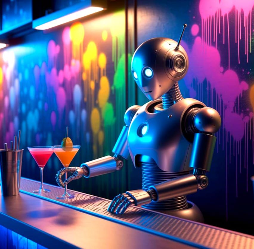Neon-Lit Robot Bartender in a Graffiti Art Bar