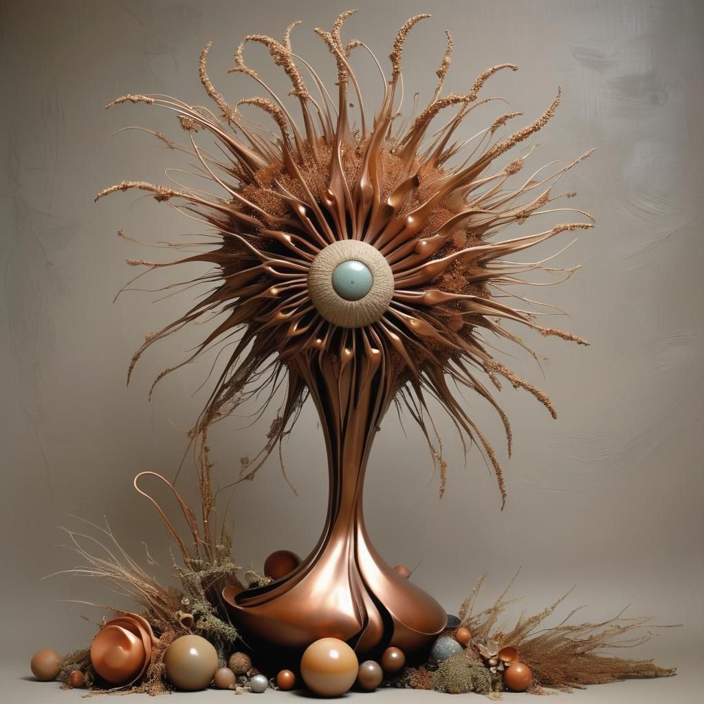 Postmodern Copper Sculpture with Botanical Elements