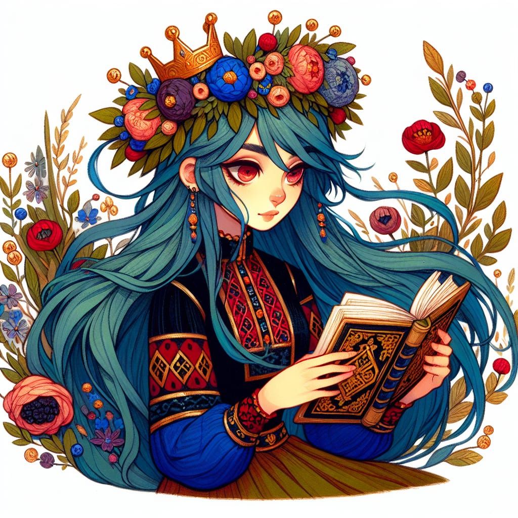 Blue-Haired Girl Reading in Golden Chambers