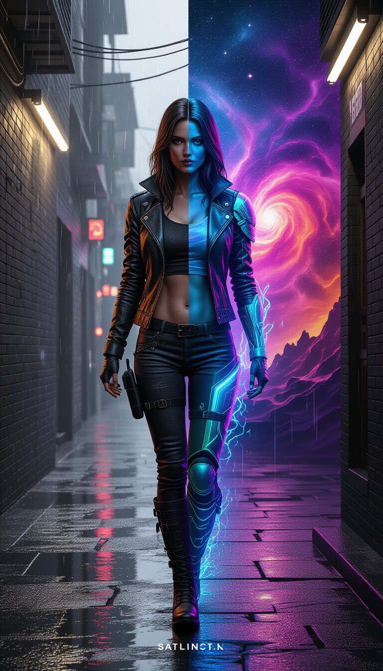 Split Portrait: Woman Blends Grayscale Alley and Cosmic Nebu...