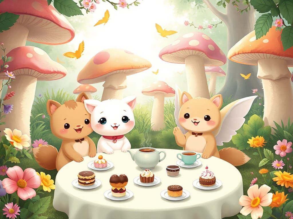 Cartoon Animals' Kawaii Tea Party in a Whimsical Garden