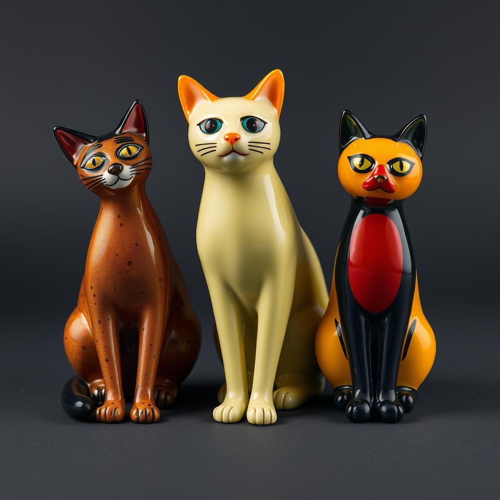 Enameled Glass Cat Figurines in Modern Art Style
