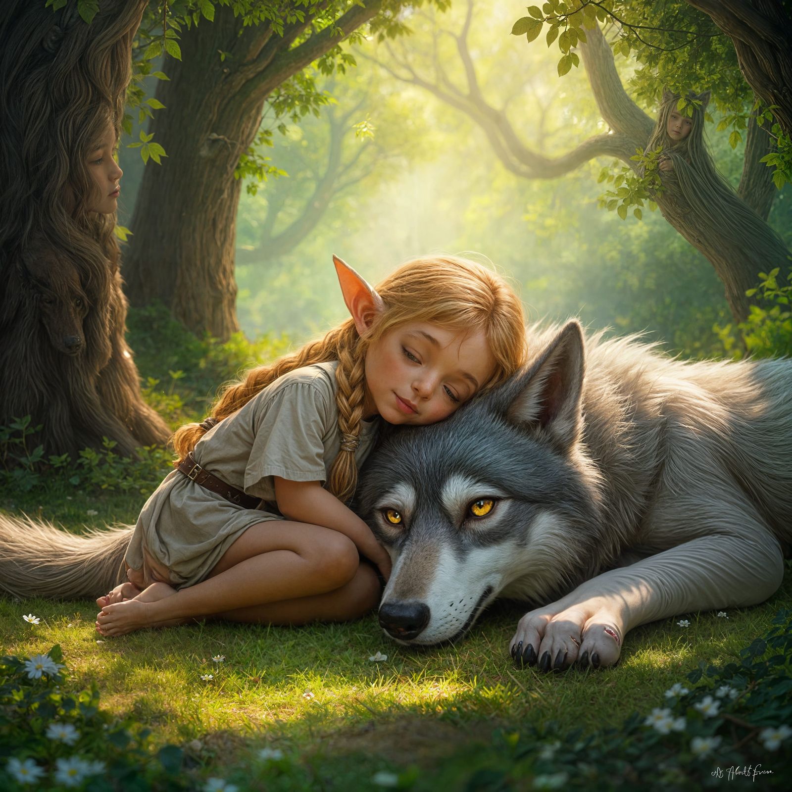Elven girl asleep on her family's pet wolf