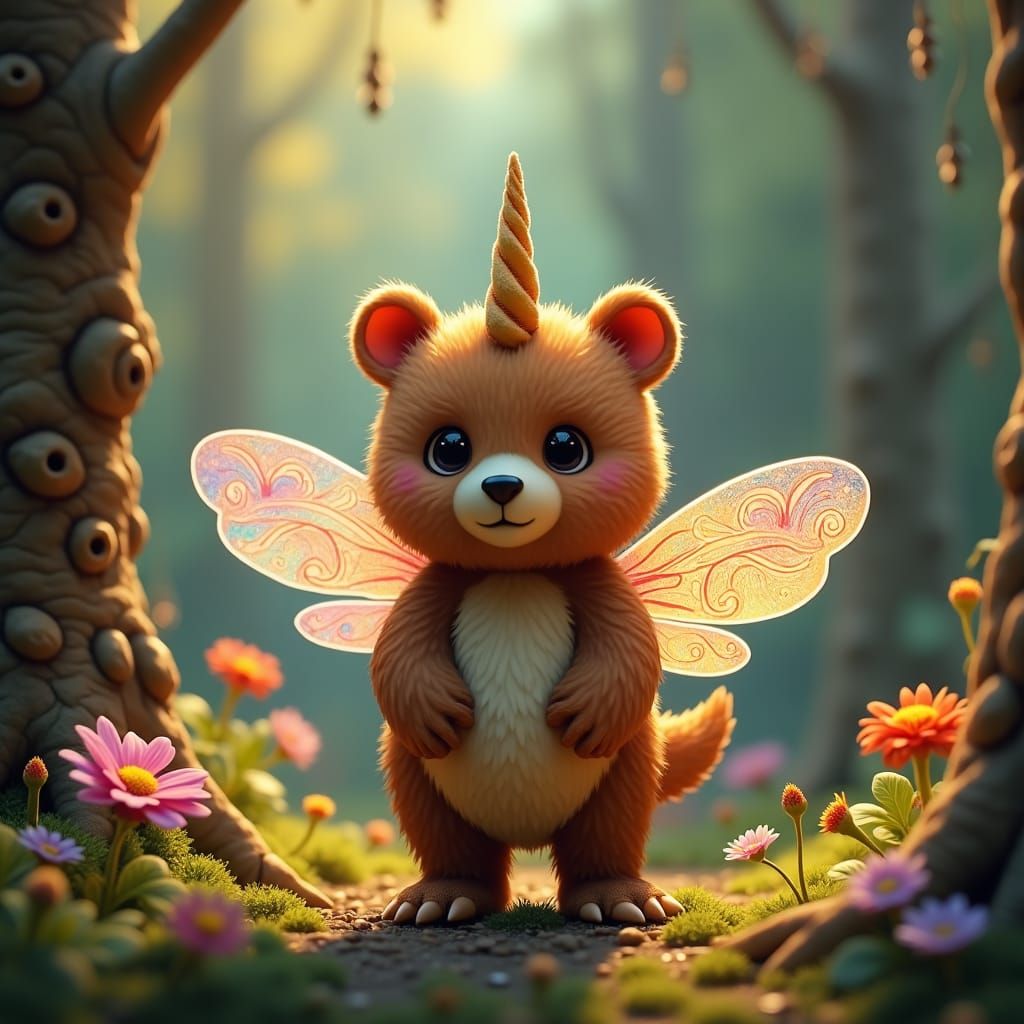 Whimsical Forest Creature: Bear with Bee and Unicorn Feature...
