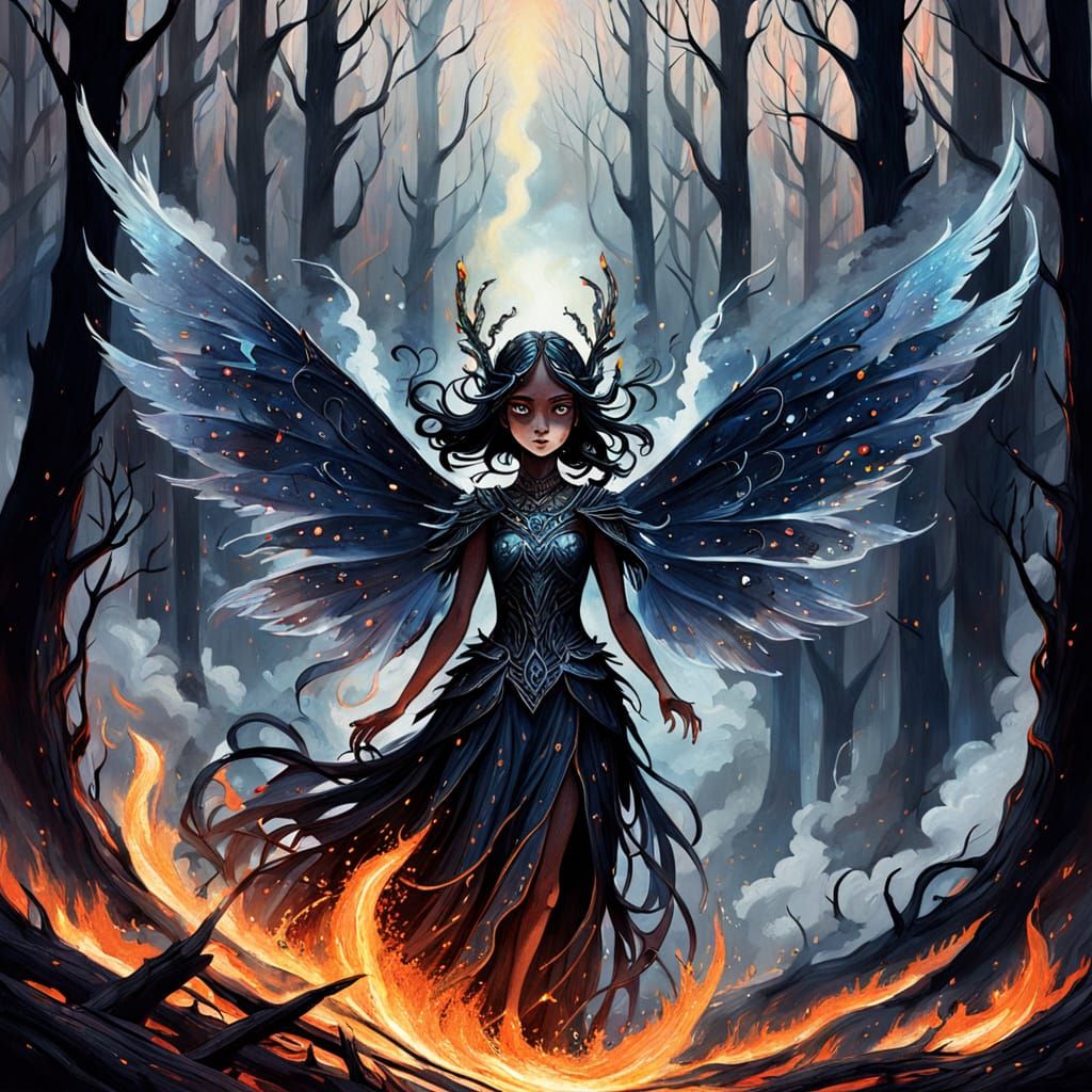 Smoke Fairy in Charred Forest, Gouache Painting
