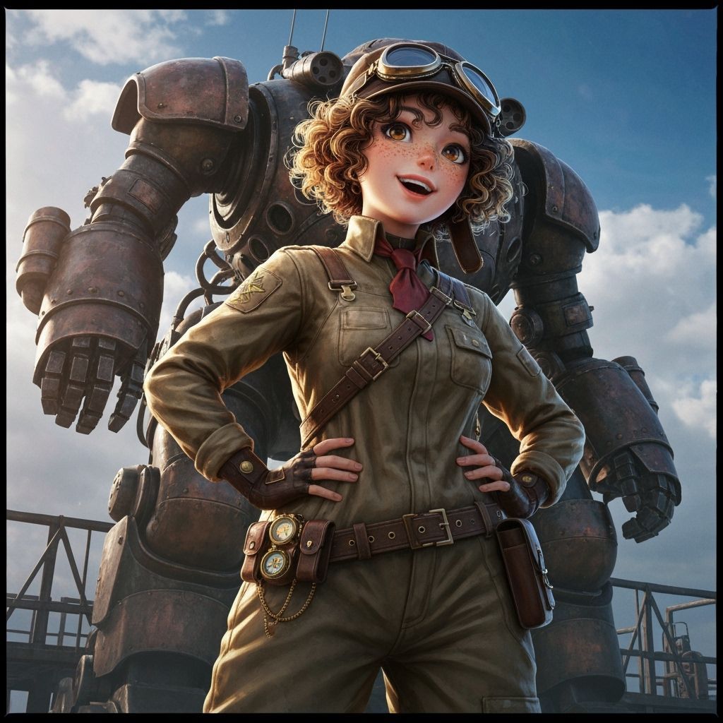 Steampunk Pilot and Giant Mech on Boarding Dock