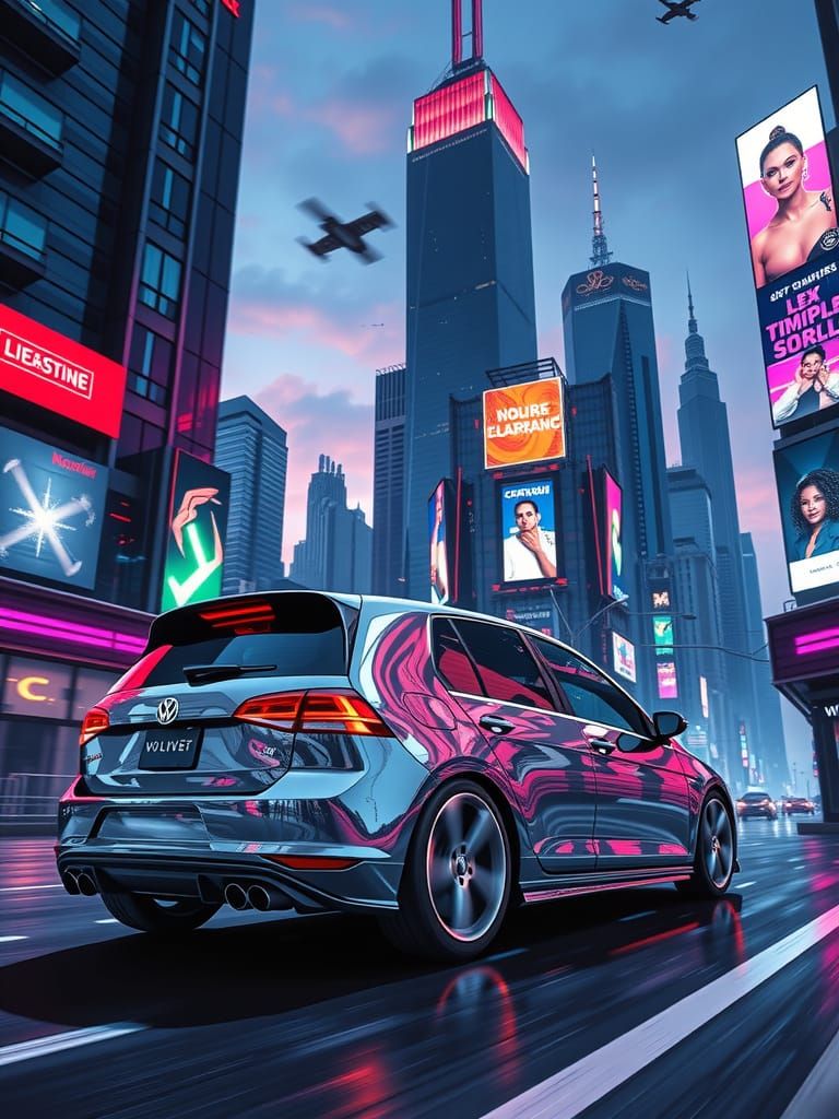 Sleek Chrome Car in Futuristic Cityscape