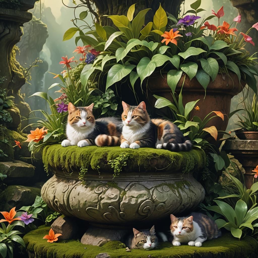 Cats Sleeping by Potted Plants in Fantasy Style