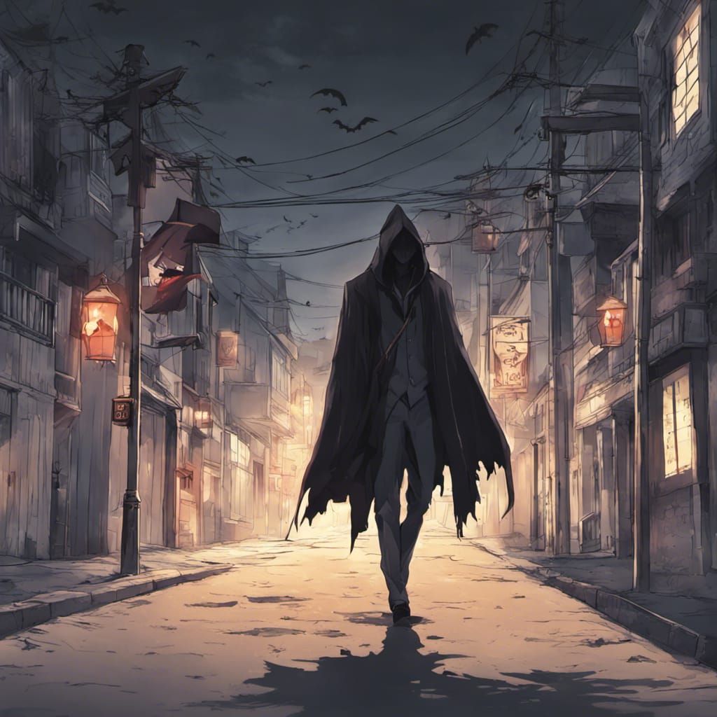 Grim Reaper Walks Empty Street on Halloween, Anime Style
