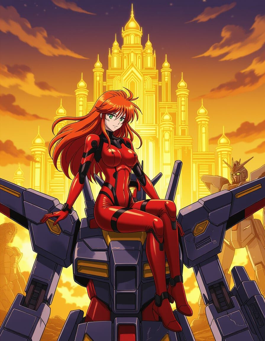 Anime Redhead Victory on Gundam Robot