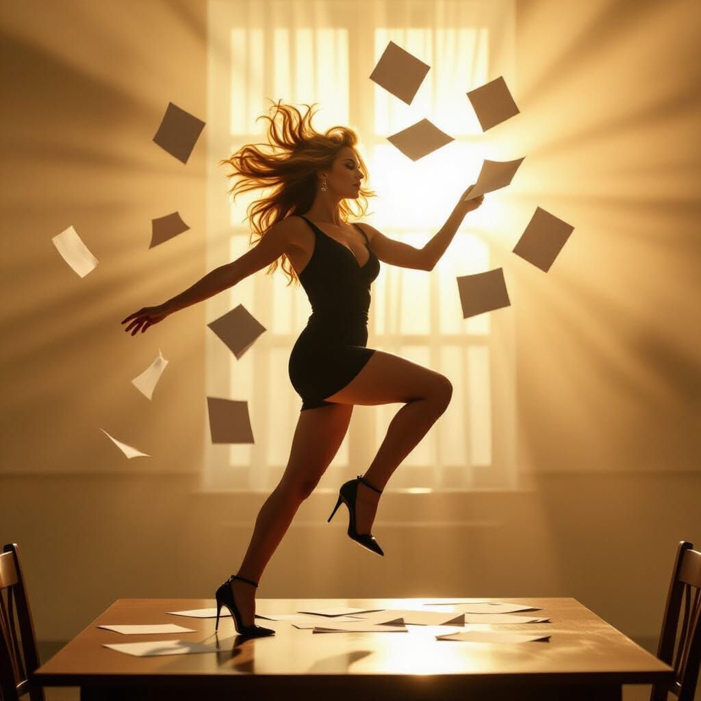 Powerful Woman Kicks Papers in Dramatic Motion