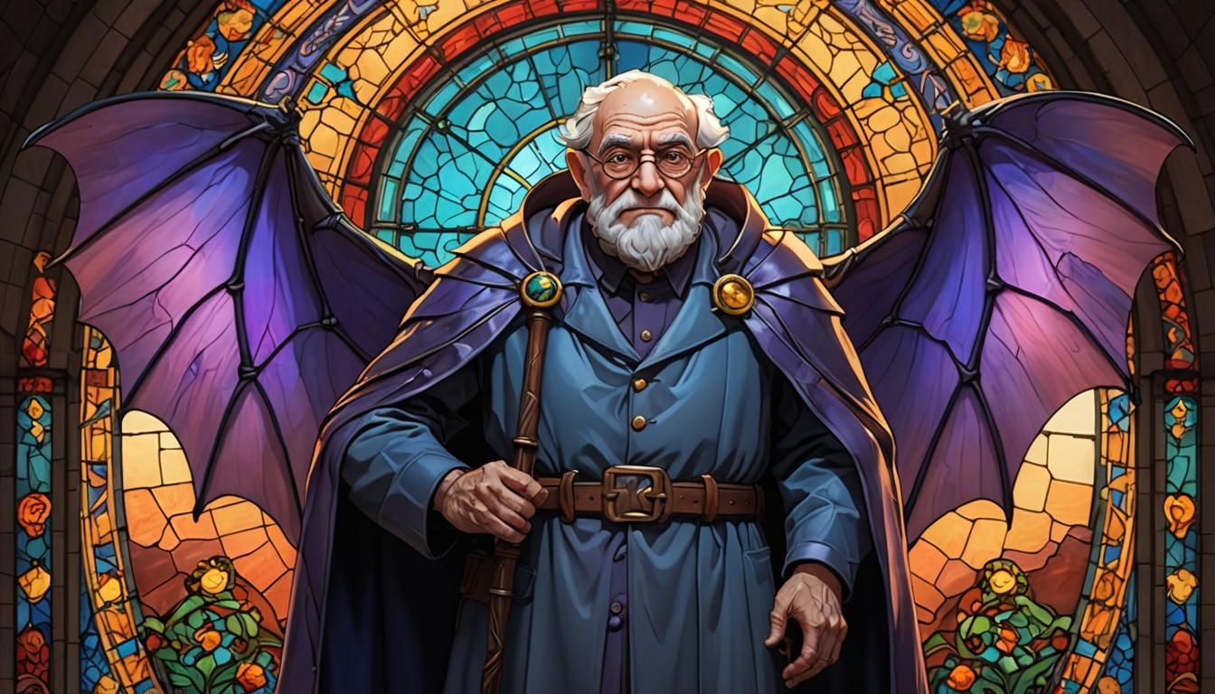 Stained Glass Old Man with Bat Wings