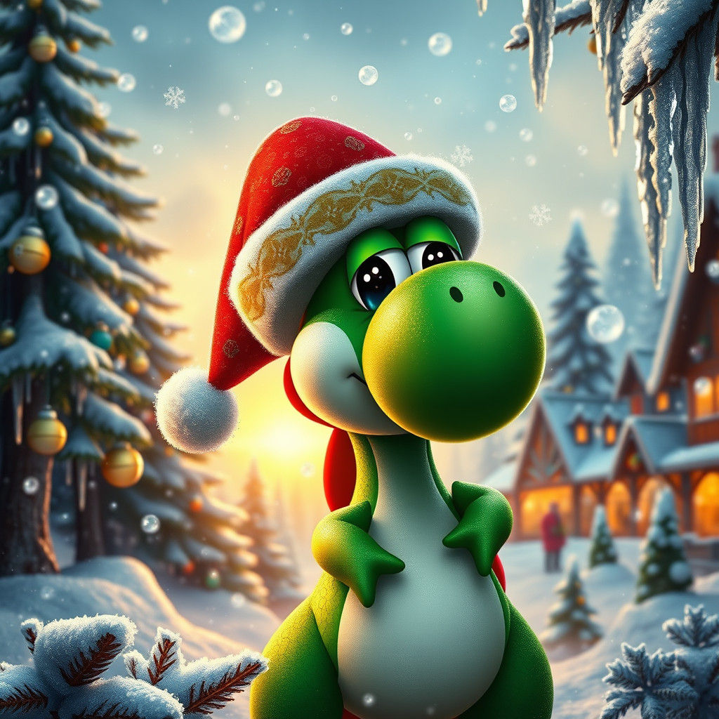 Yoshi Celebrates Christmas in Snowy Village