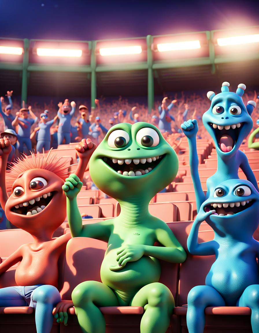 Aliens Cheer at Baseball Game: 3D Digital Art