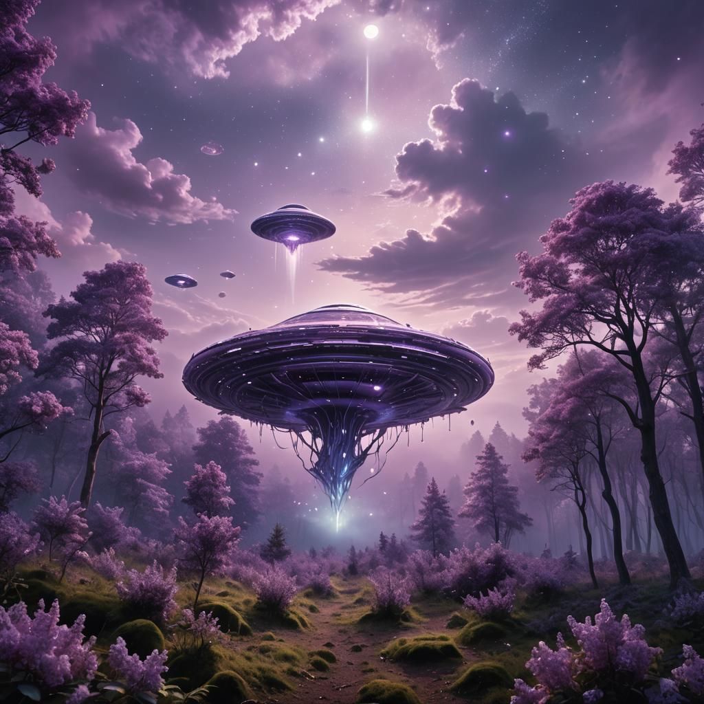 Dreamlike Lilac Forest with UFO in Fantasy Art