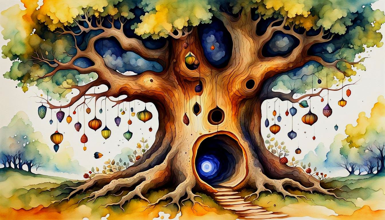 Surreal Tree within Tree Watercolor Painting