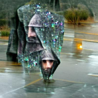 Cloaked Figure in Crystalline Rain
