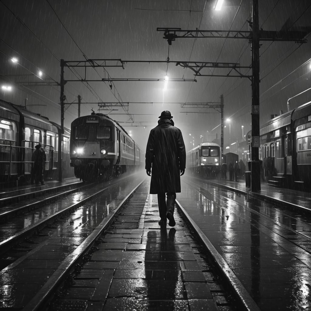 Dramatic Night at a Railway Station: Black and White Photogr...