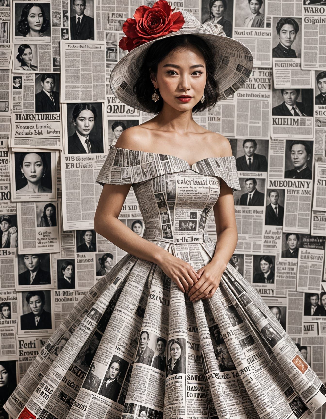 Elegant East Asian Woman in Newspaper Gown