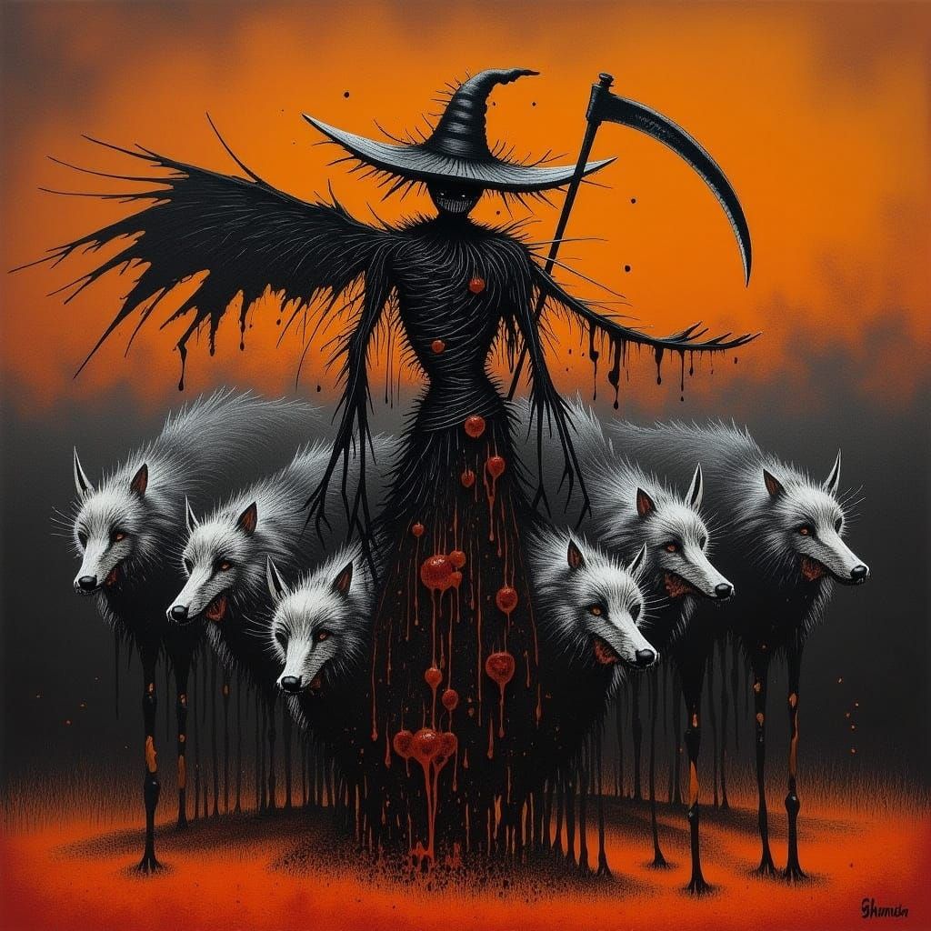 Menacing Scarecrow with Wolfhounds Under Dark Orange Sky