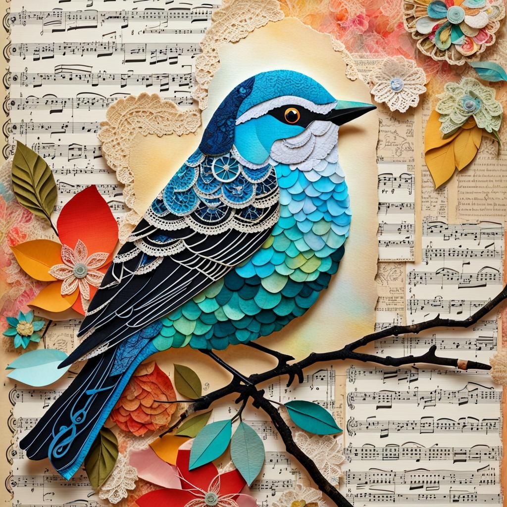 Mixed Media Paper Collage Painting of a Bird