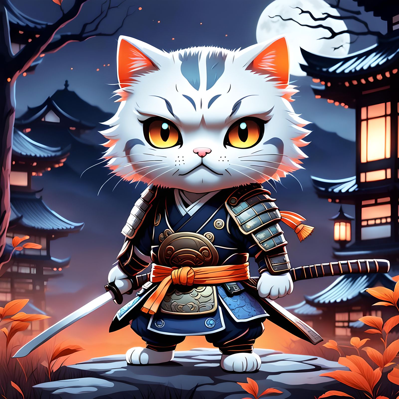 Chibi Samurai Cat in Manga Style with Luminescent Colors