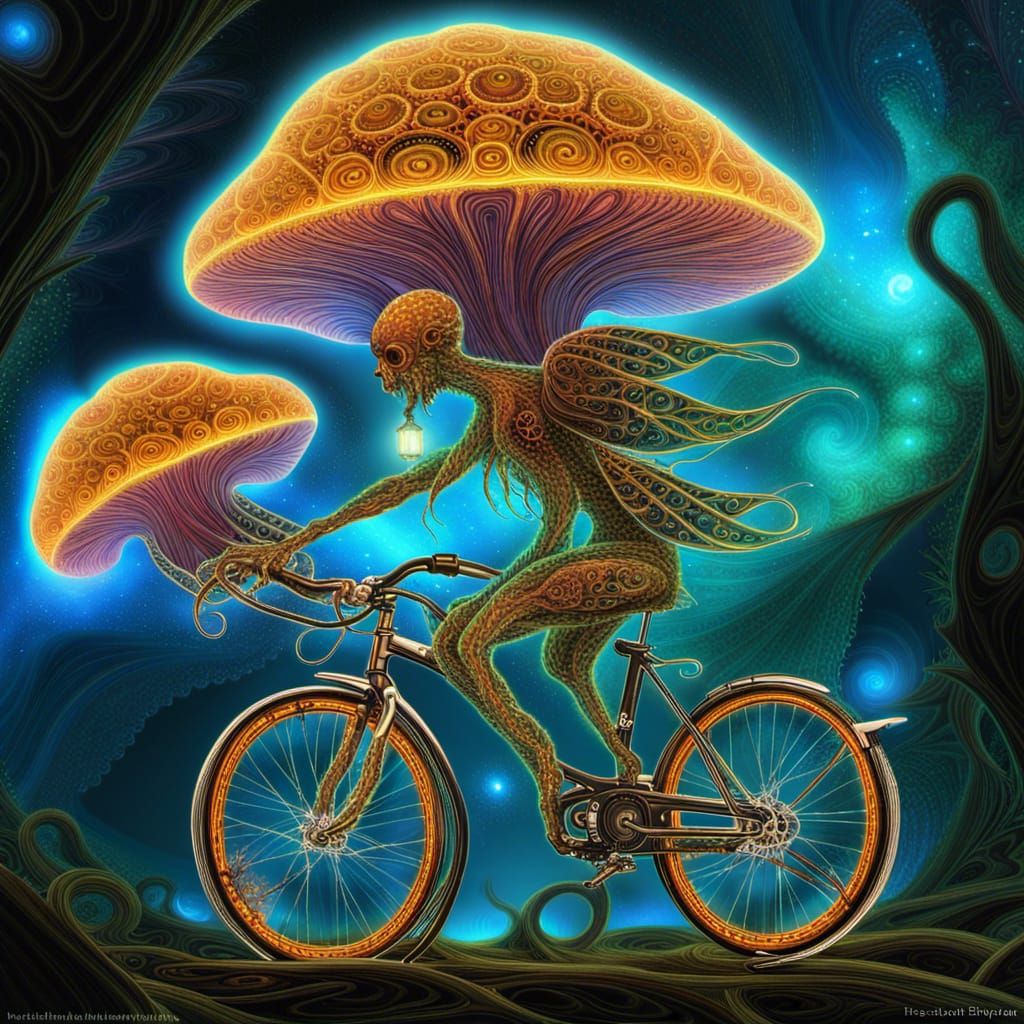 Bioluminescent Cyclist in Fractal Steampunk Forest