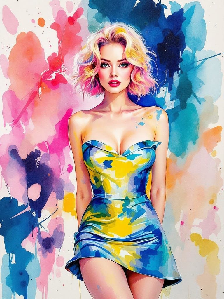 Vibrant Pin-Up Woman in Metallic Dress, Watercolor Blooms