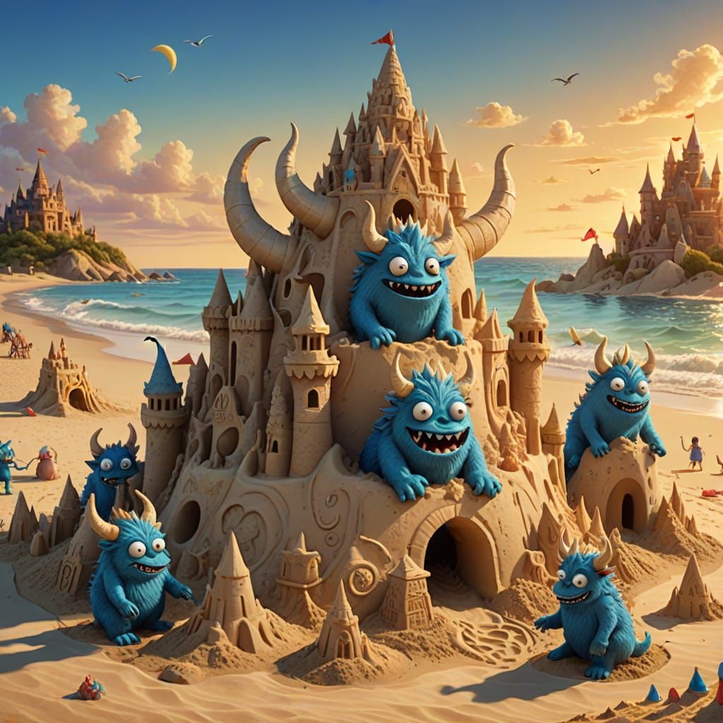 Fuzzy Monsters Build Sand Castle in Whimsical Concept Art