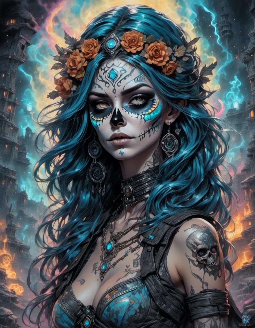 Cyberpunk Goddess with Bioluminescent Tattoos