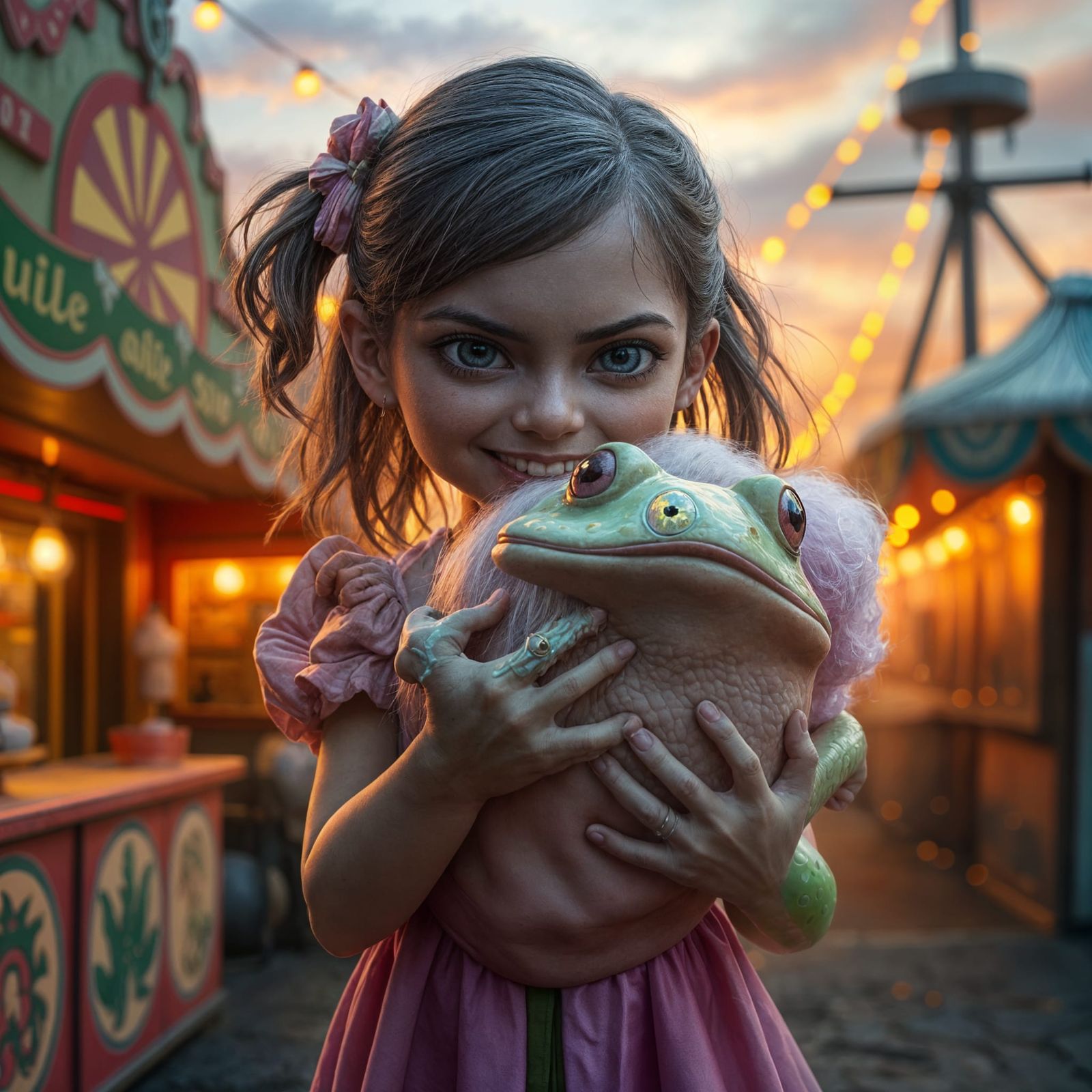 Surreal Sunset Scene with Frog-Shaped Candy Floss and Myster...