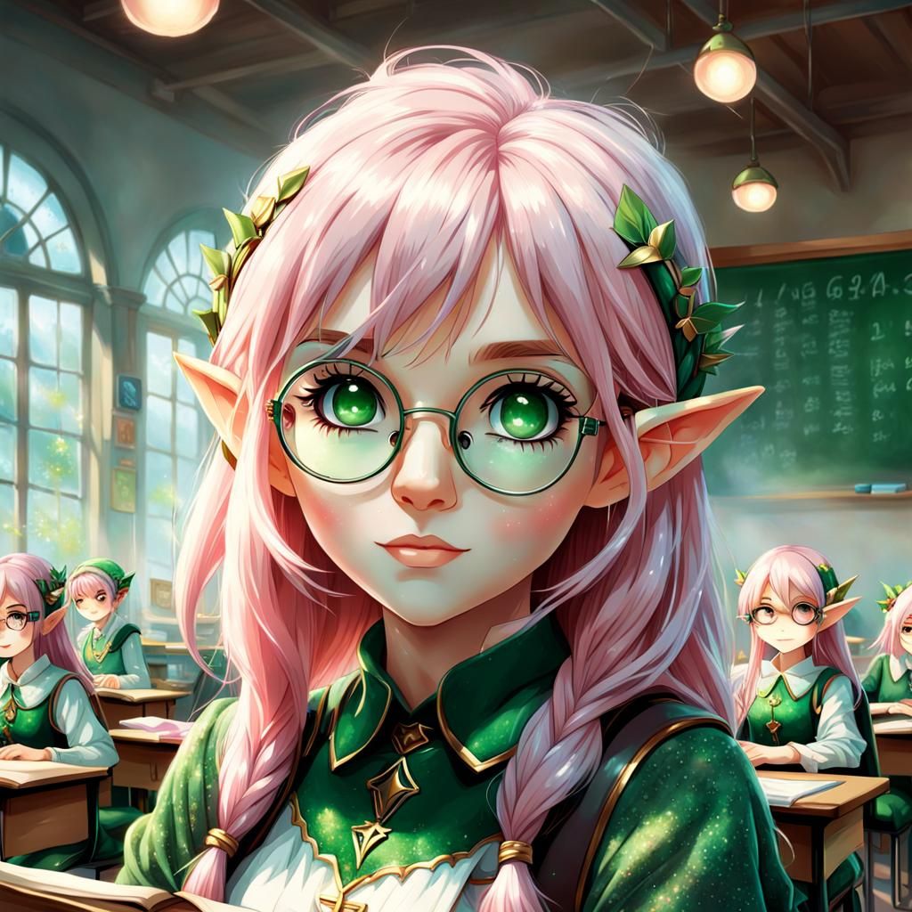 Anime Elf Girl in Classroom, Detailed Fantasy Art