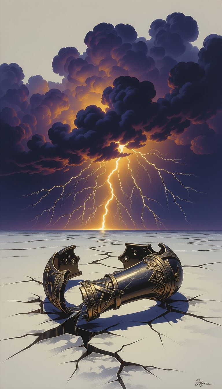 Broken Arm Bracelet Against Storm Clouds with Golden Lightni...