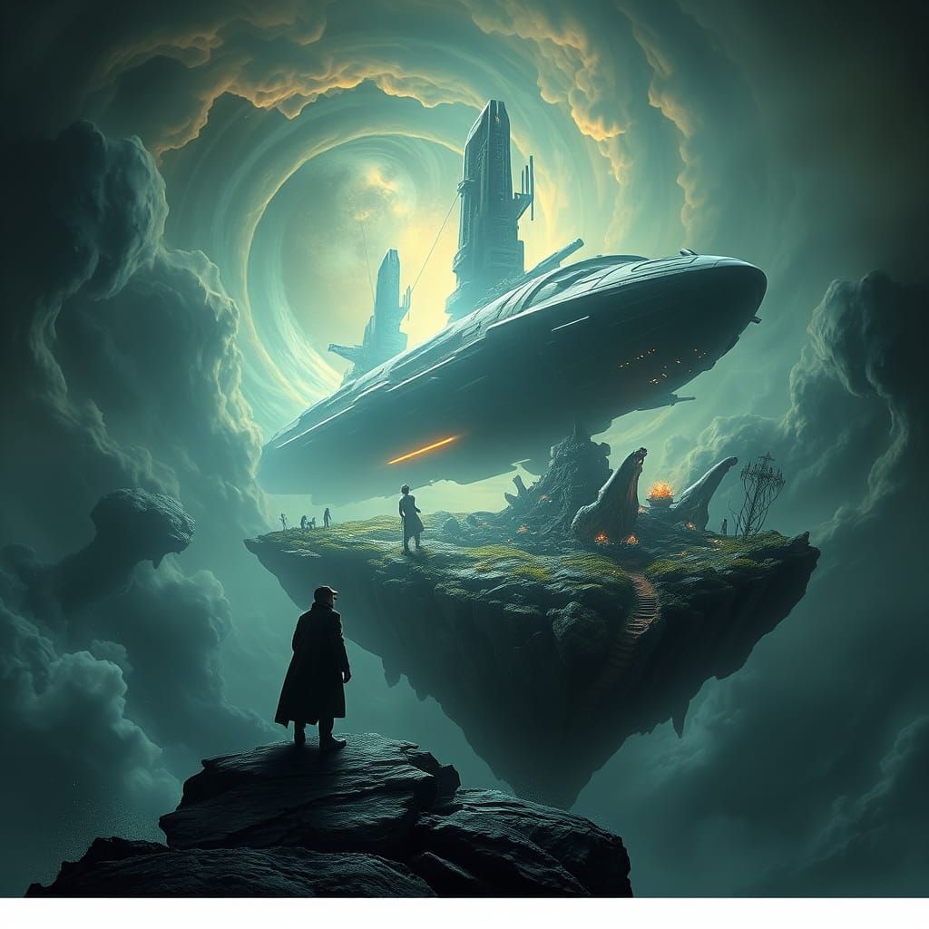 Explorer on Floating Island Gazes at Spaceship