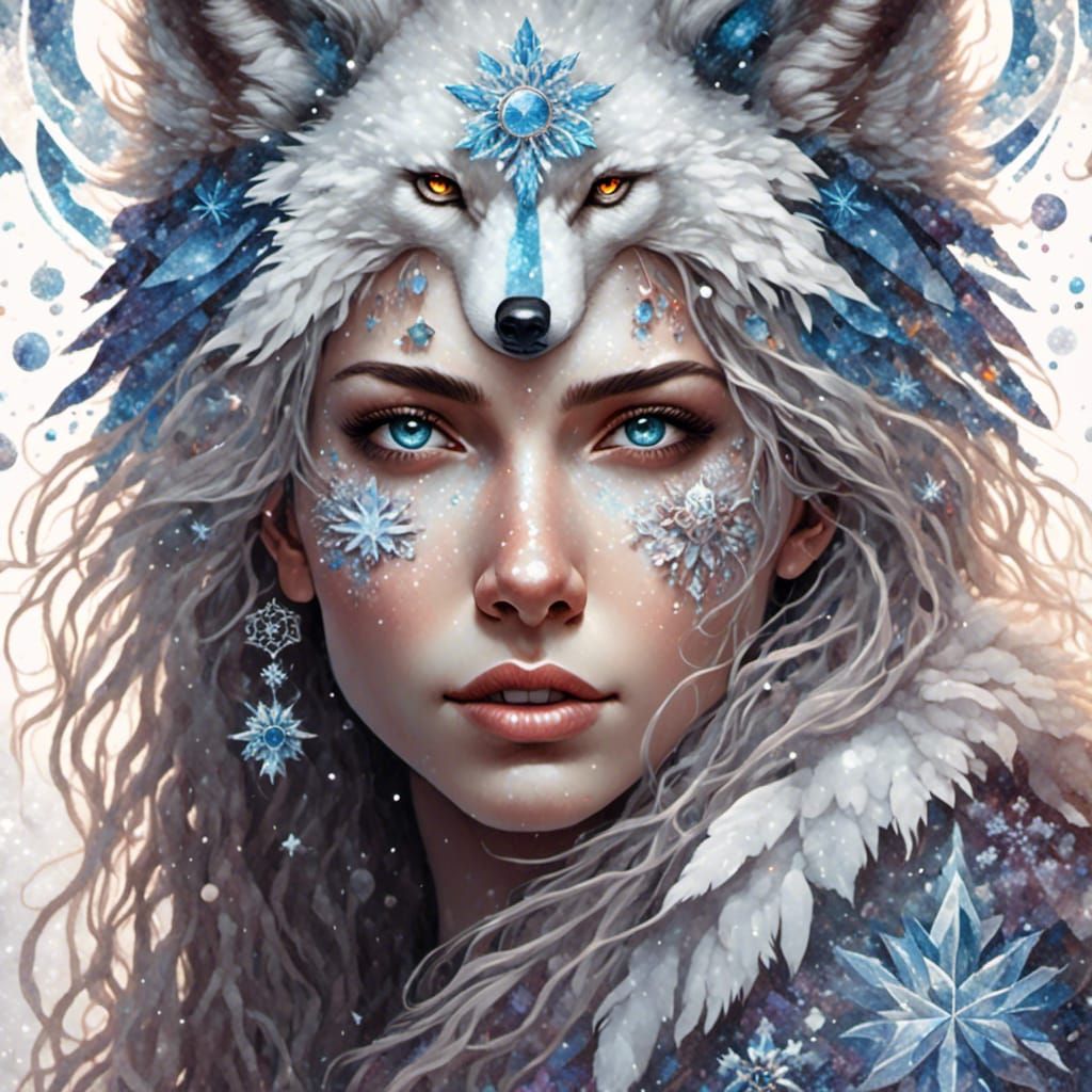Snowflake Woman with White Wolf in Hyperdetailed Style