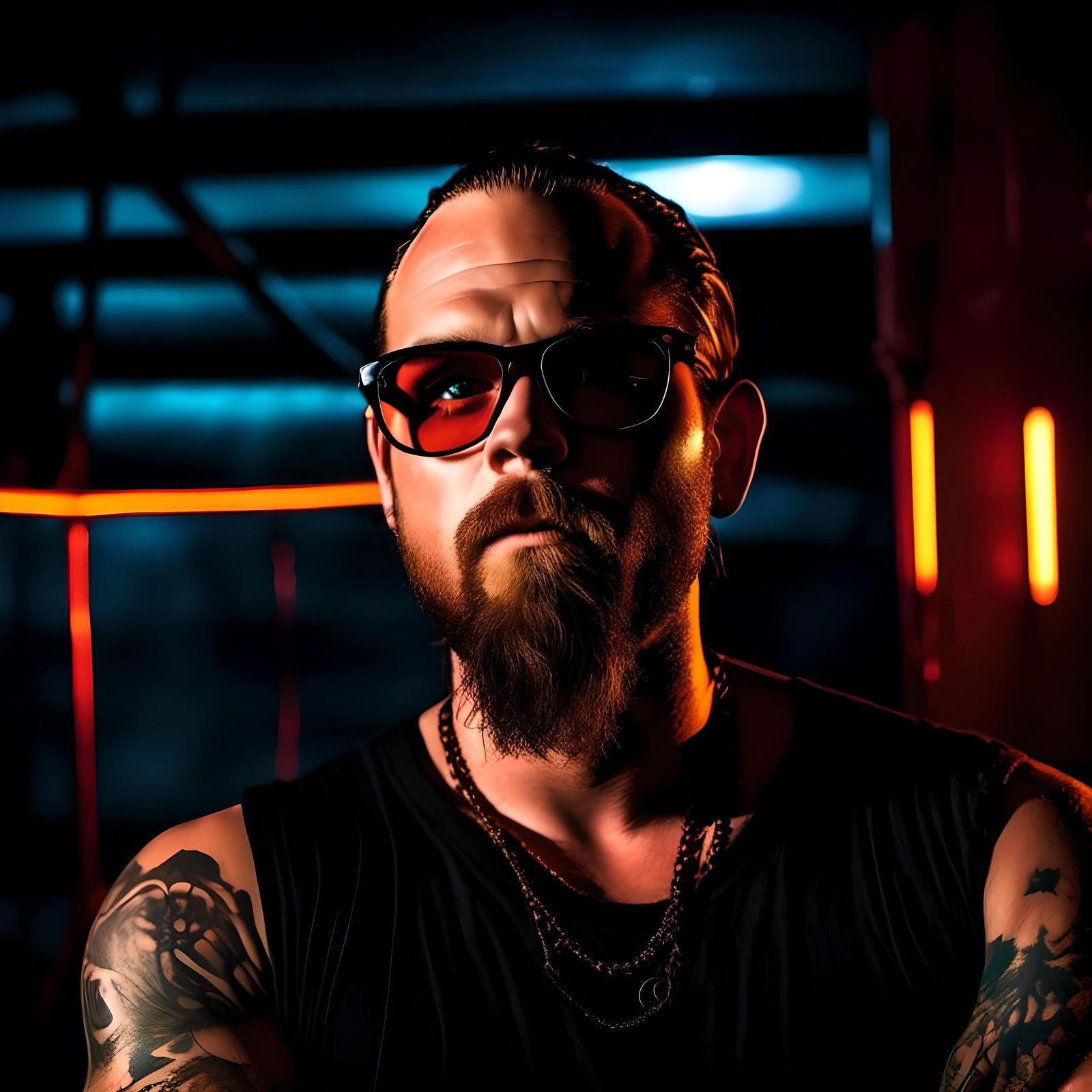 A handsome man <lora:Modernime:0.9> with piercing's and neck tattoos wearing vintage 80's style glasses, lenses reflecti...