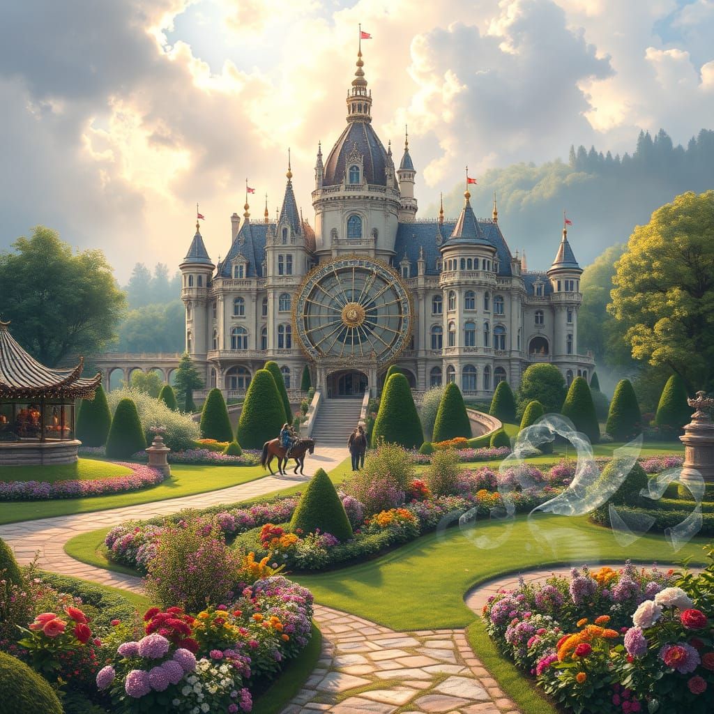 Grand Castle and Peacock in Oil Painting Style