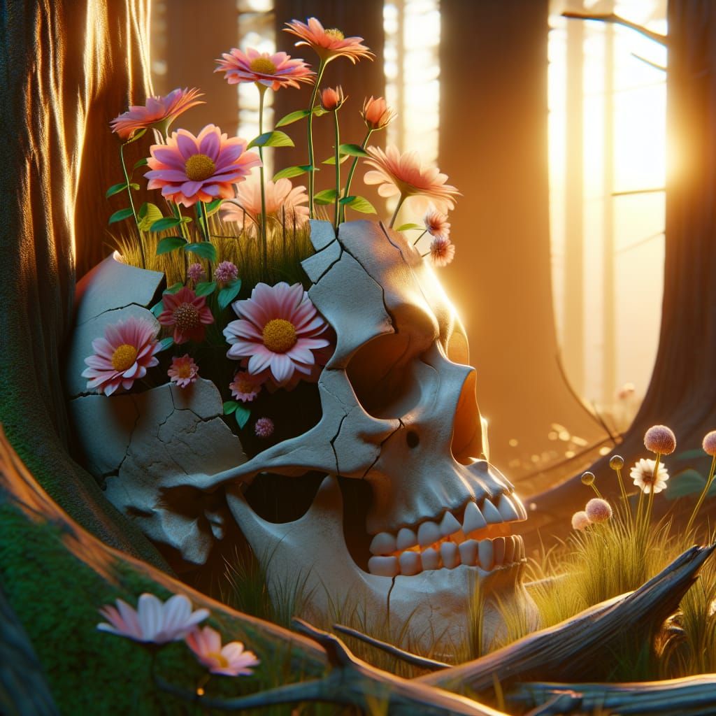 Skull Storybook Illustration with Flowers in Golden Hour
