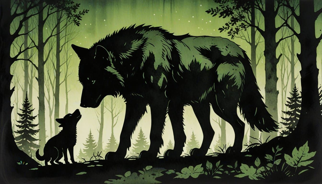 Wolf Cub Sniffing Boy in Forest, Ink Painting