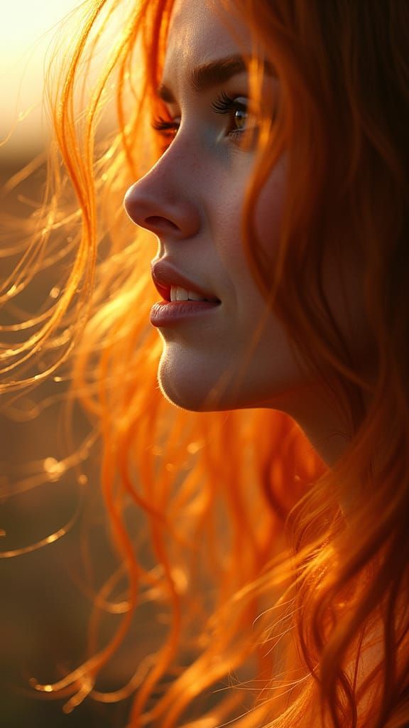 Auburn Hair Flowing in the Wind: Hyperrealistic Close-Up