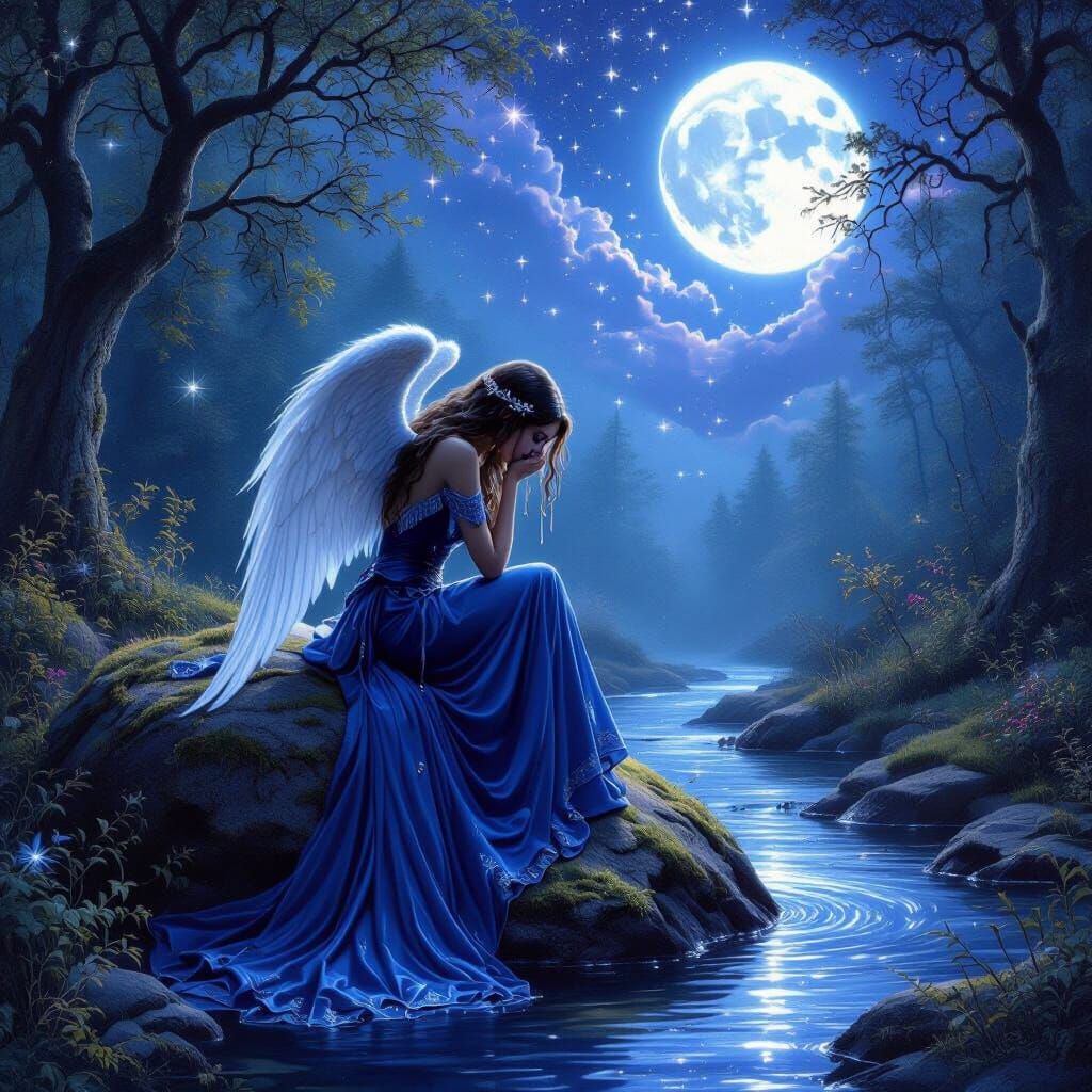 Fallen Angel Weeping in Mystical Forest in Dreamy Style