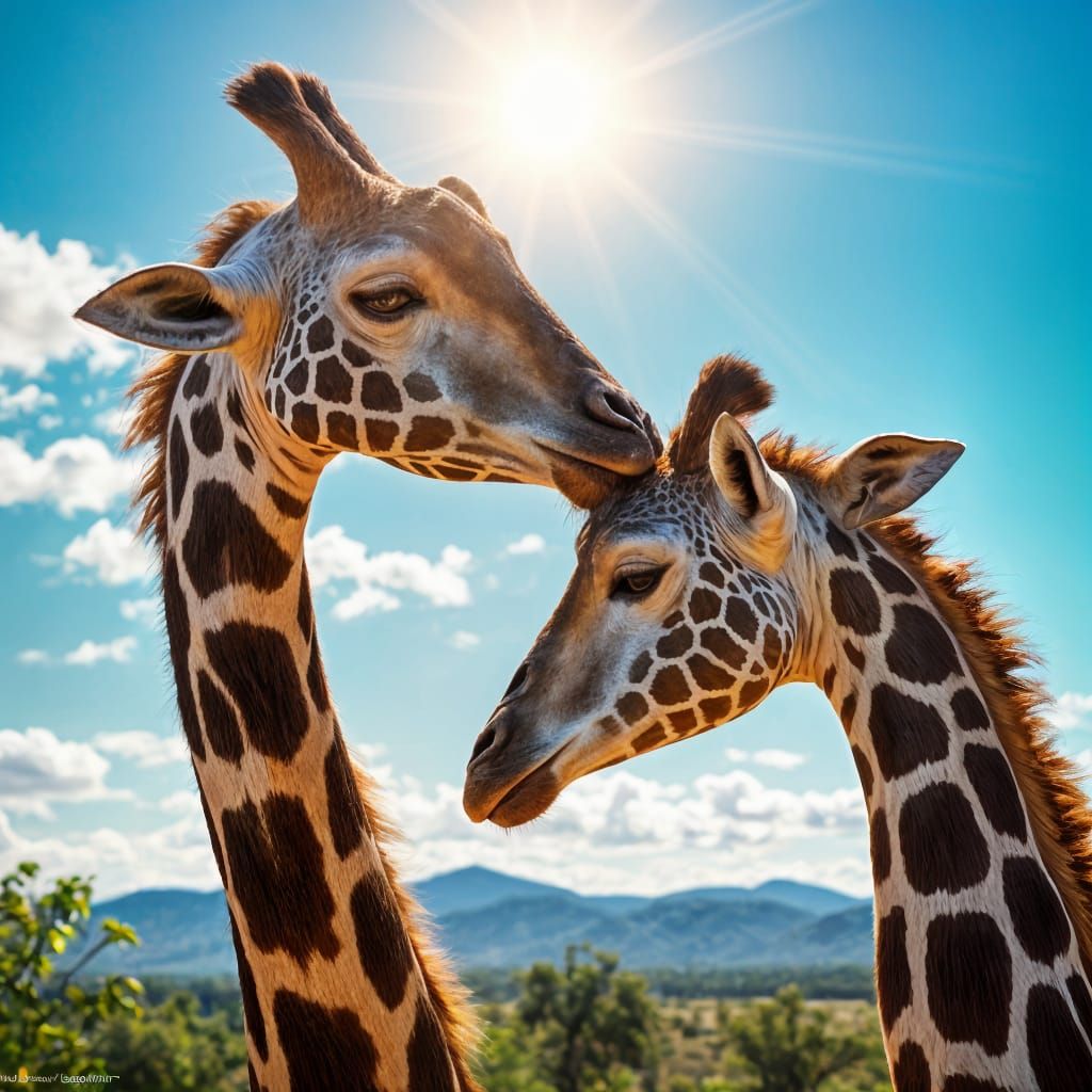 Giraffe Mother Shares Tender Moment with Her Baby in Vibrant...