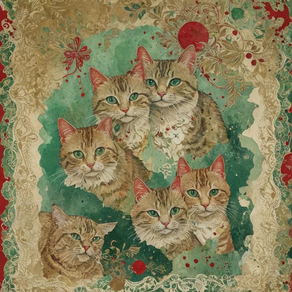 Vintage Christmas Collage with Happy Cats