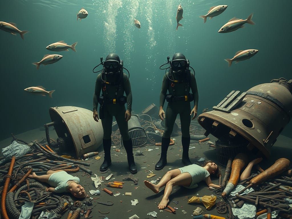 Humans standing around underwater while fish swim around, th...